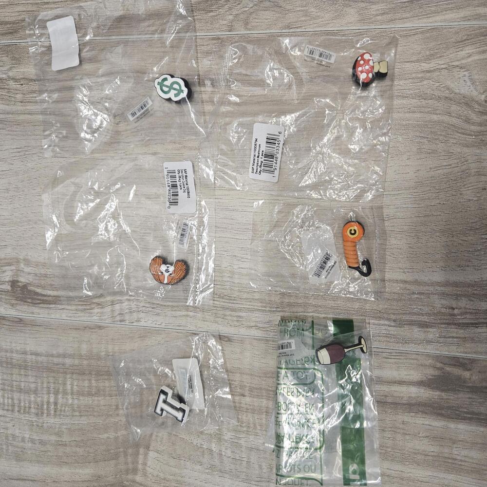 New Lot of 14 Crocs Jibbitz Charm Set - Dog, Dollar Sign, Letter T, Wine, Hook